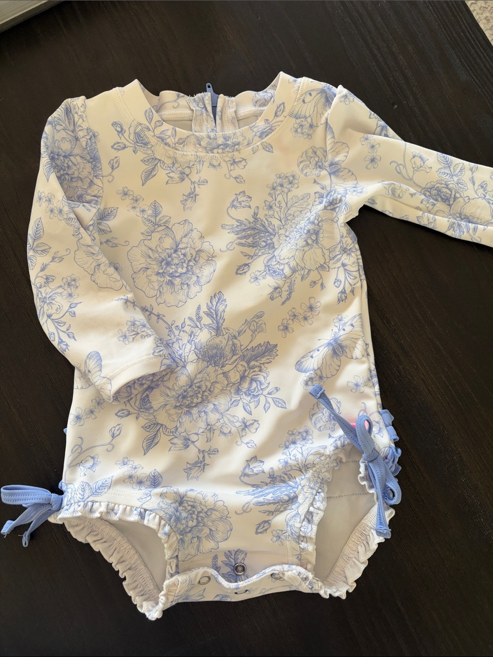 RuffleButts White and Light Blue Floral Long Sleeve Swimsuit